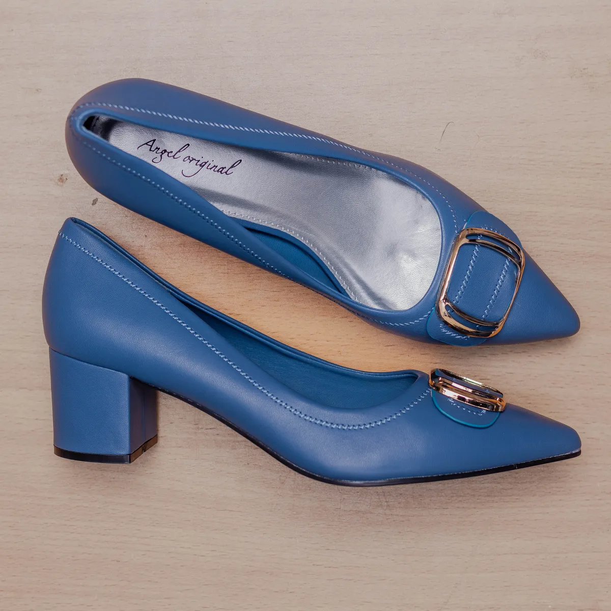 Azure Pointed Buckle Block Heels