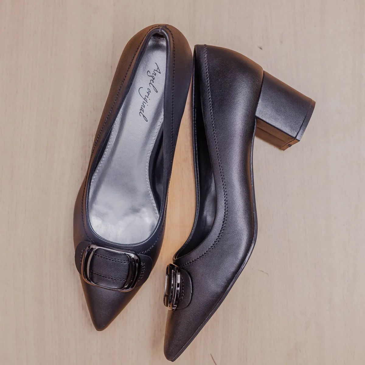 Black Square Buckle Block Heels