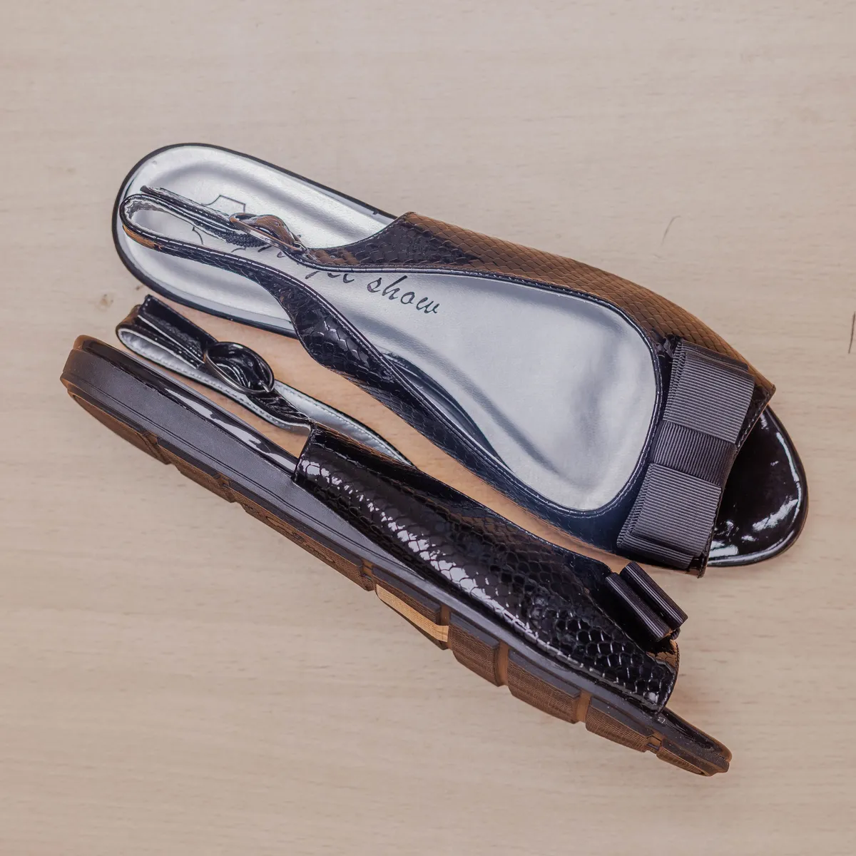 Black Textured Bow Wedges