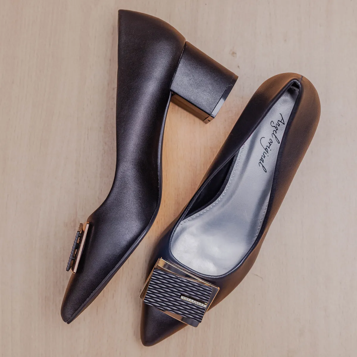 Black Textured Buckle Block Heels