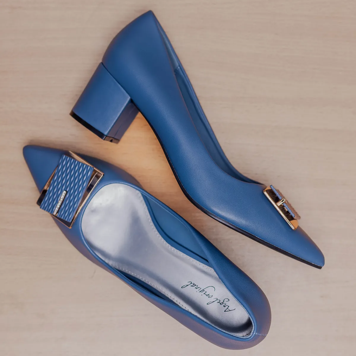 Blue Metallic Buckle Block Heels