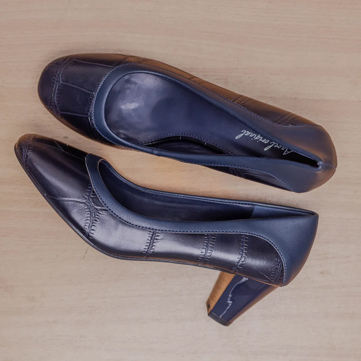 Navy Textured Buckle Block Heels