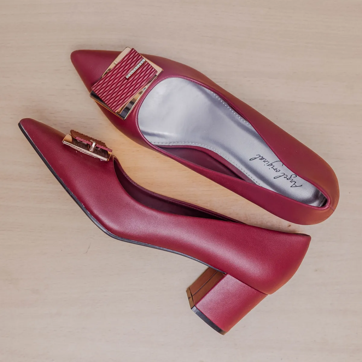 Red Textured Buckle Block Heels